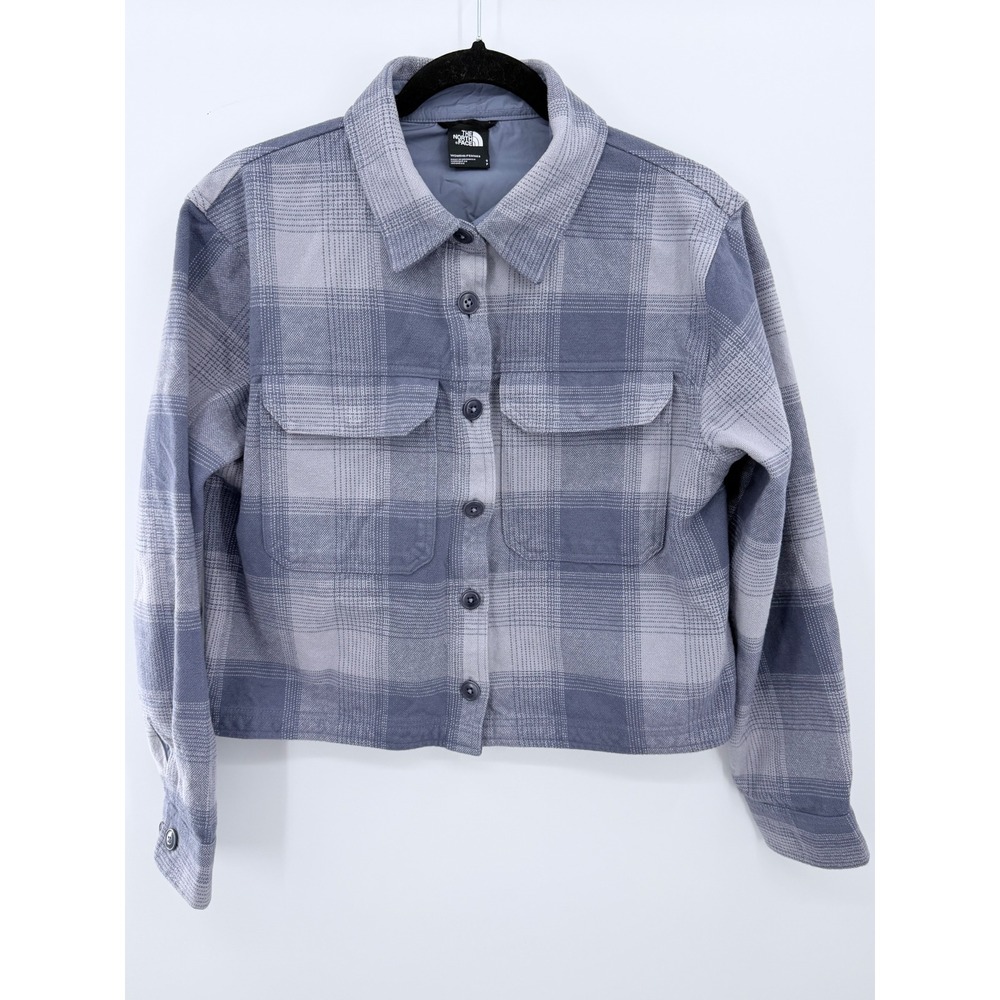 The North Face Valley Flannel Shirt Shacket Women Small Blue Plaid Cropped Lined